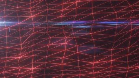 Abstract red neon mesh grid with luminous wireframe triangles and reflections Stock Illustration