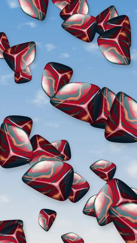 Abstract Red Patterned Geometric Shapes Falling Through Blue Sky Stock Footage 345120562