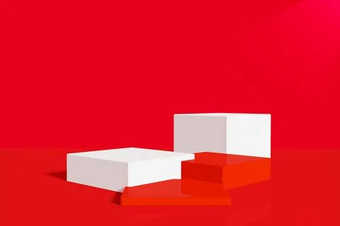Abstract red pedestal display with cubes and rocks with box stand concept. Po Stock Illustration