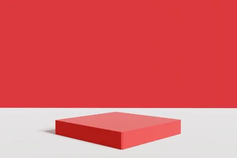 Abstract red pedestal display with cubes and rocks with box stand concept. Po Stock Illustration