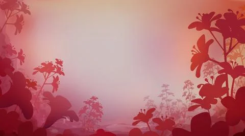 Abstract red pink colour background with flowers, Meadow blur. Illustrazione stock