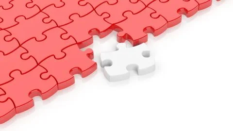 Abstract red puzzle pieces background  with one white and copy-space. Illustrazione stock