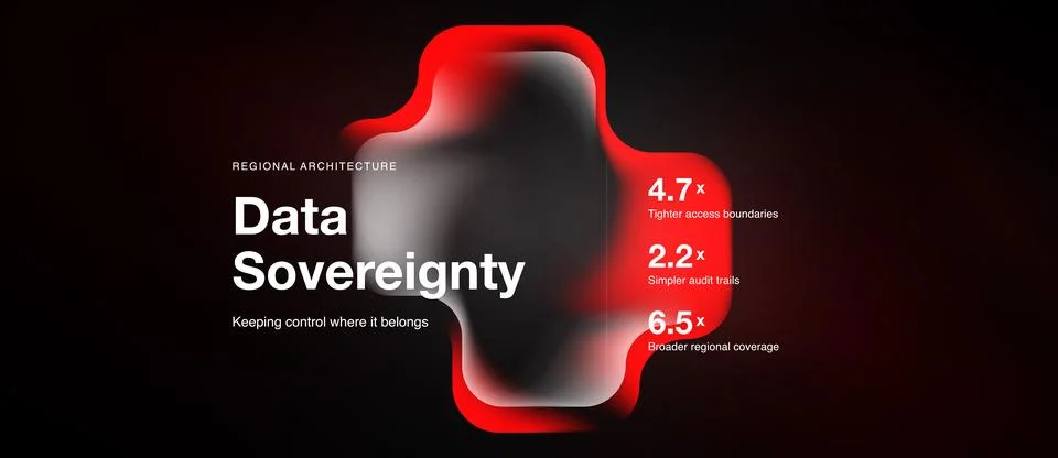Abstract red shape dominates black background. Text highlights data soverei.. イラスト素材