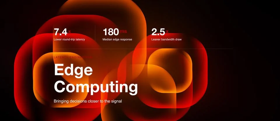 Abstract red shapes highlight edge computing benefits. Numbers showcase lat.. Stock Illustration