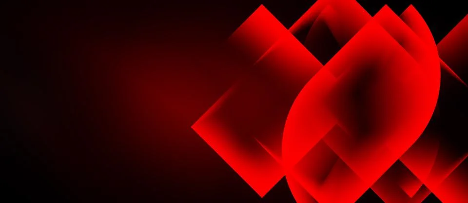 Abstract red shapes overlap dark background. Modern design features glowing Stock Illustration