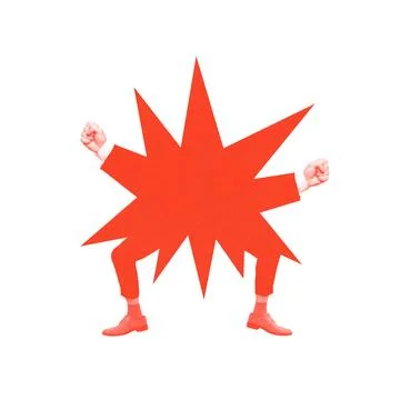 Abstract red speech bubble in explosion shape with arms and legs represents Foto stock