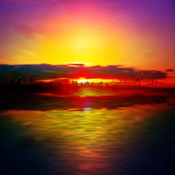 Abstract red sunset background with dark clouds and silhouette of city Illustrazione stock