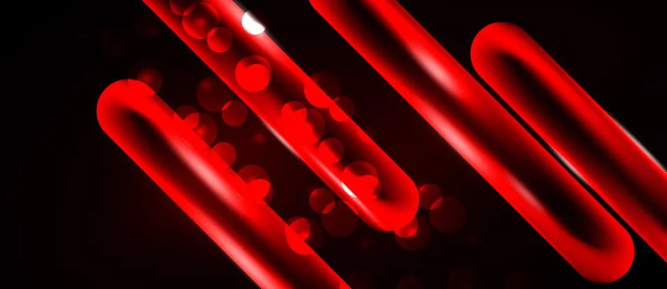 Abstract red tubes, circles, glowing elements on black background. Modern d.. Stock Illustration