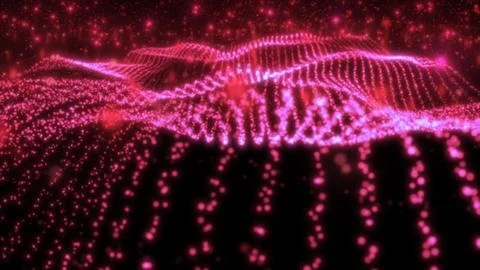 Abstract red wave lines from particles and energy magical dots with glow ef.. Illustrazione stock