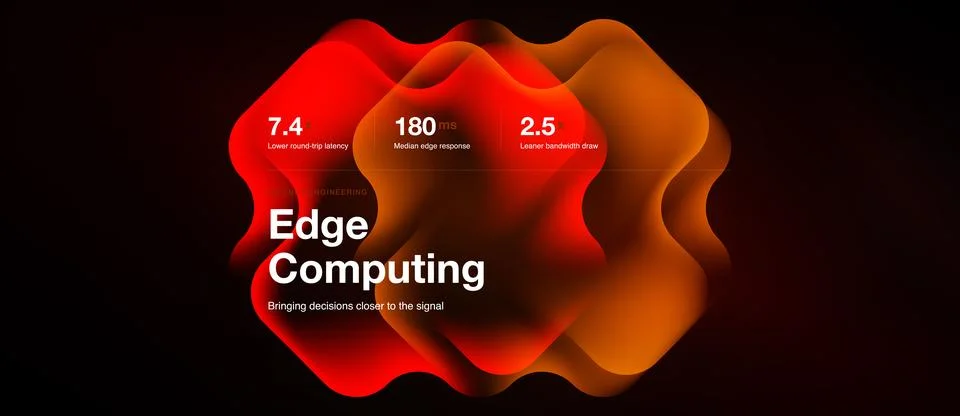 Abstract red waves represent edge computing concept. Numbers indicate latency Stock Illustration