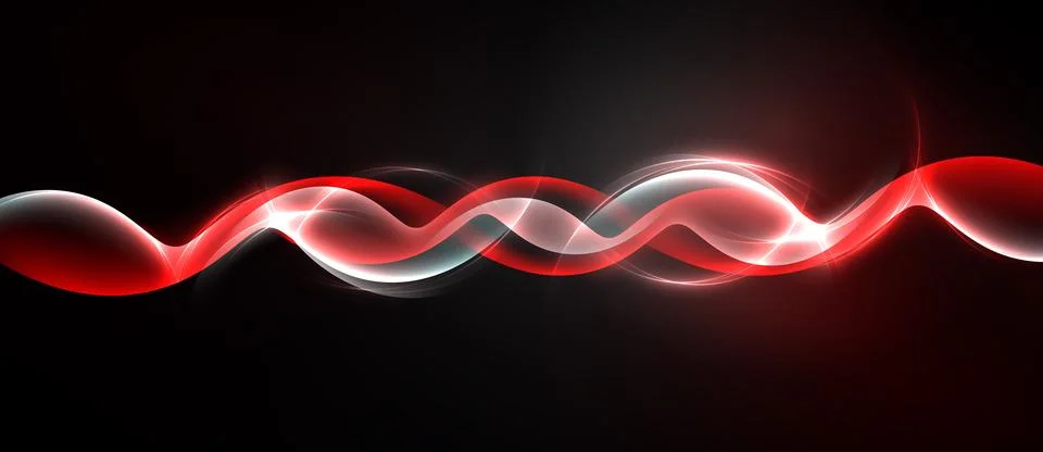 Abstract red, white waves flow across dark background. Smooth curves create Stock Illustration