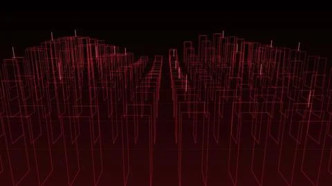 Abstract red wireframe digital city skyline projection on a dark background.. Ilustración de archivo