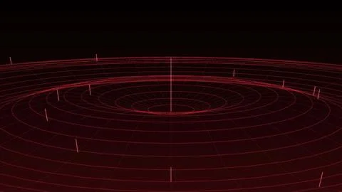 Abstract red wireframe glowing grid with concentric circles forming a deep .. Illustrazione stock