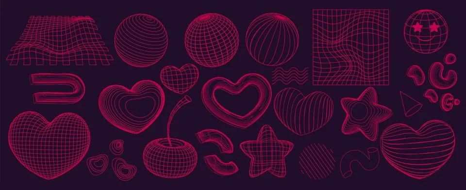 Abstract red wireframe shapes set 스톡 일러스트