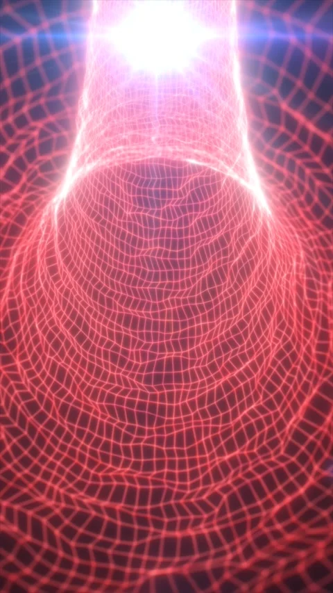 Abstract red wireframe tunnel with a curved neon mesh narrowing toward a br.. Stock Footage 344951242