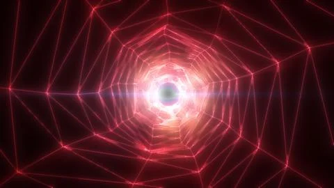 Abstract red wireframe tunnel illuminated by glowing light patterns converg.. Ilustração Stock