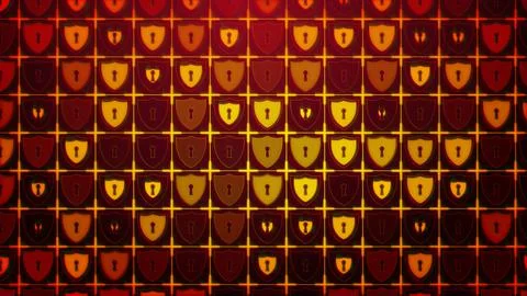Abstract Red Yellow Shine Shield Lock Symbol Lines In A Square Grid Screen Illustrazione stock
