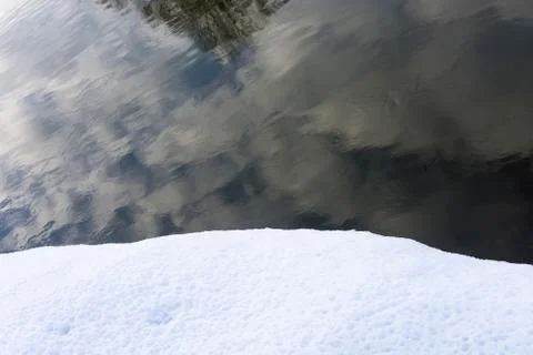Abstract reflection of clouds and trees in the water and the edge of the snow Stock Photos