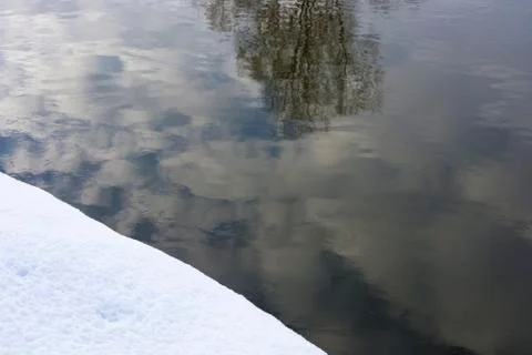Abstract reflection of clouds and trees in the water and the edge of the snow Stock Photos