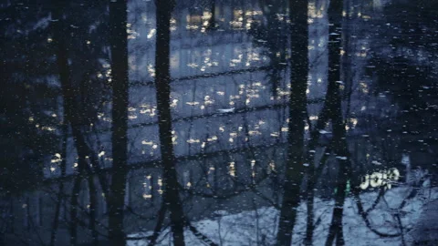 Abstract reflection of trees and warm lights on icy water surface in a winter Stock Footage 331010088