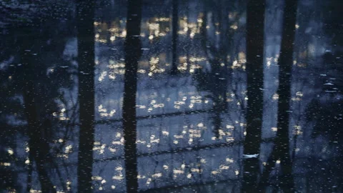 Abstract reflection of trees and warm lights on icy water surface in a winter 스톡 동영상 331010154