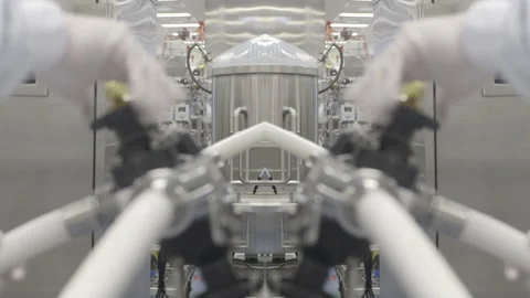 Abstract reflection of worker hand in glove tightening pharmaceutical equipment  Видео 217429441