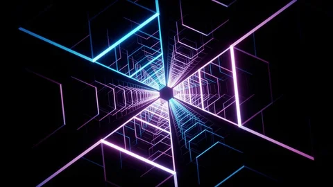 Abstract reflective neon light hexagon formed a technological tunnel. Stock Footage 121834255