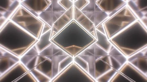 Abstract Reflective Solid Gold Neon Glow Cube Spinning in Mirror Room 스톡 일러스트