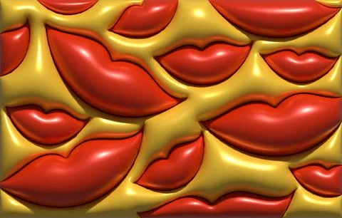 Abstract relief pattern of voluminous red lips on yellow background, 3D ren.. 스톡 일러스트
