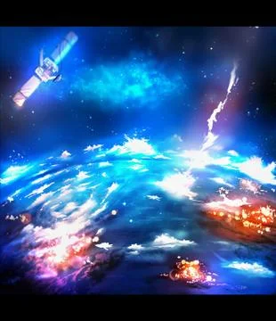 Abstract rendering illustration of asteroids hitting a planet Stock Illustration