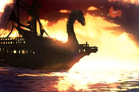 Abstract rendering illustration of a dragon head ship sailing Stock Illustration