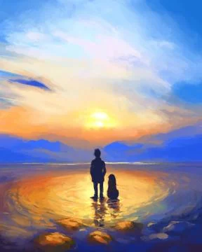Abstract rendering illustration of a man and his dog watching sunrise Stock Illustration