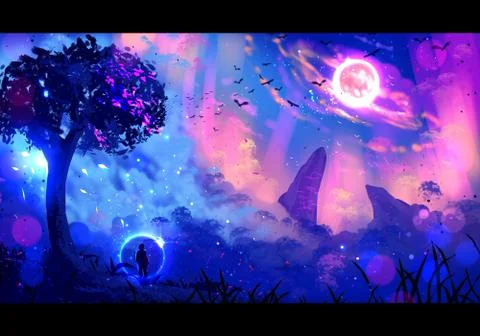 Abstract rendering illustration of a man watching a supernova Stock Illustration
