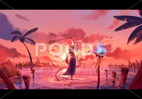 Abstract rendering illustration of a powerful woman performing magic Stock Illustration