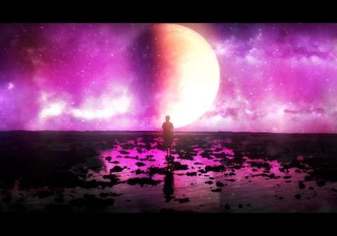 Abstract rendering illustration of a young man in an apocalyptic world Stock Illustration