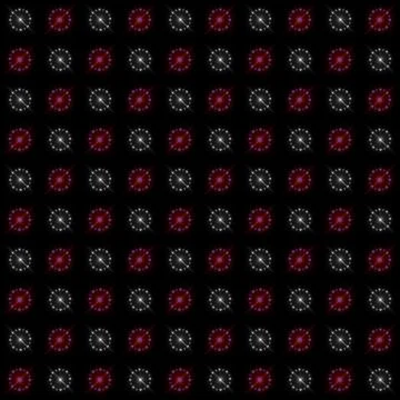 Abstract repeating pattern of circular stars on black background. Stock Illustration