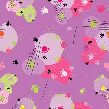 Abstract repeating pattern of multicolored stripes, animal footprints and spo Stock Illustration