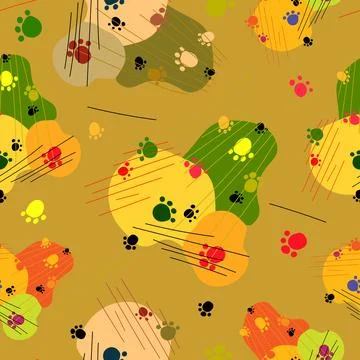 Abstract repeating pattern of multicolored stripes, animal footprints and spo イラスト素材