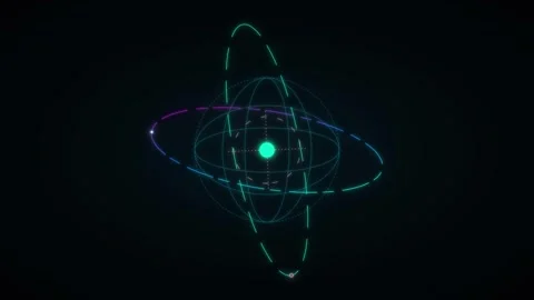 Abstract representation of atomic structure with glowing neon orbital paths.. Stock Footage 343770243