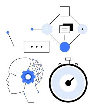 Abstract Representation of Brain, Stopwatch, and Flowchart Illustrating Tim.. Illustrazione stock