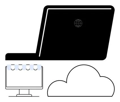 Abstract representation of cloud computing with laptop, computer monitor, a.. Stock Illustration