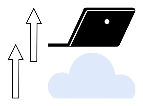 Abstract representation of cloud computing with laptop, arrows, and cloud e.. 库存插图