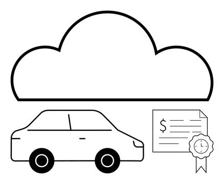 Abstract Representation of Cloud Storage, Car, and Certification Icon in BW.. Stock Illustration