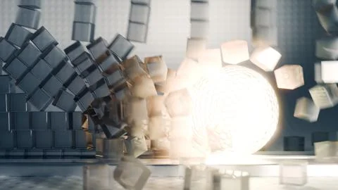 An abstract representation of a cube exploding with a burst of light sphere and Stock Illustration