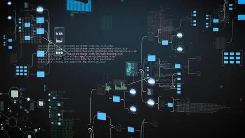Abstract representation of a digital network with data flow, lines, and nodes, Foto stock