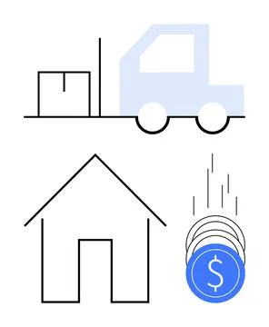 Abstract Representation of Logistics, Home, and Finance with Truck, House, .. Illustrazione stock