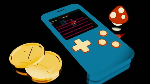 Abstract retro background with a blue tetris and a game on its screen, gold Stock Footage 196122147