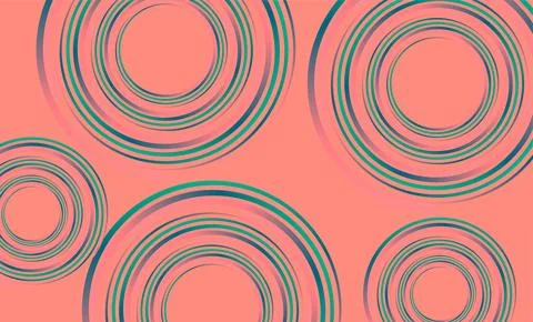 Abstract Retro Circular Pattern With Pink And Turquoise Rings On Coral Back.. Illustrazione stock