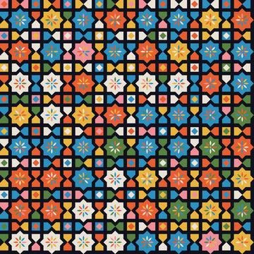 Abstract Retro Geometric seamless pattern. Bright colorful nostalgic backgrou Stock Illustration