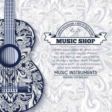 Abstract Retro Music Guitar On Blue Floral Background Of The Ornament Concept